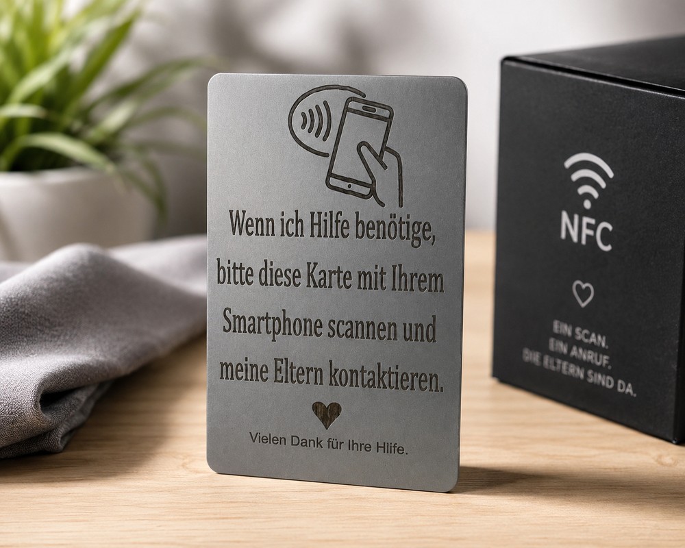 CallMyParents NFC-Notfallkarte mit Verpackung, mit der Gravur: Wenn ich Hilfe benötige, bitte diese Karte mit Ihrem Smartphone scannen und meine Eltern kontaktieren.